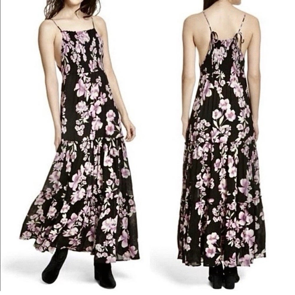 Free People Intimately Garden Party Floral Maxi Black Dress Pink Floral Print XS